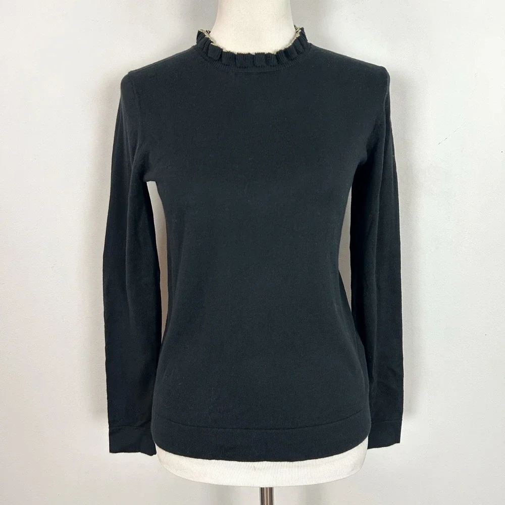 J. Crew Black Cotton Ruffle Neck Sweater Gold Trim CP336 Womens XS NWT